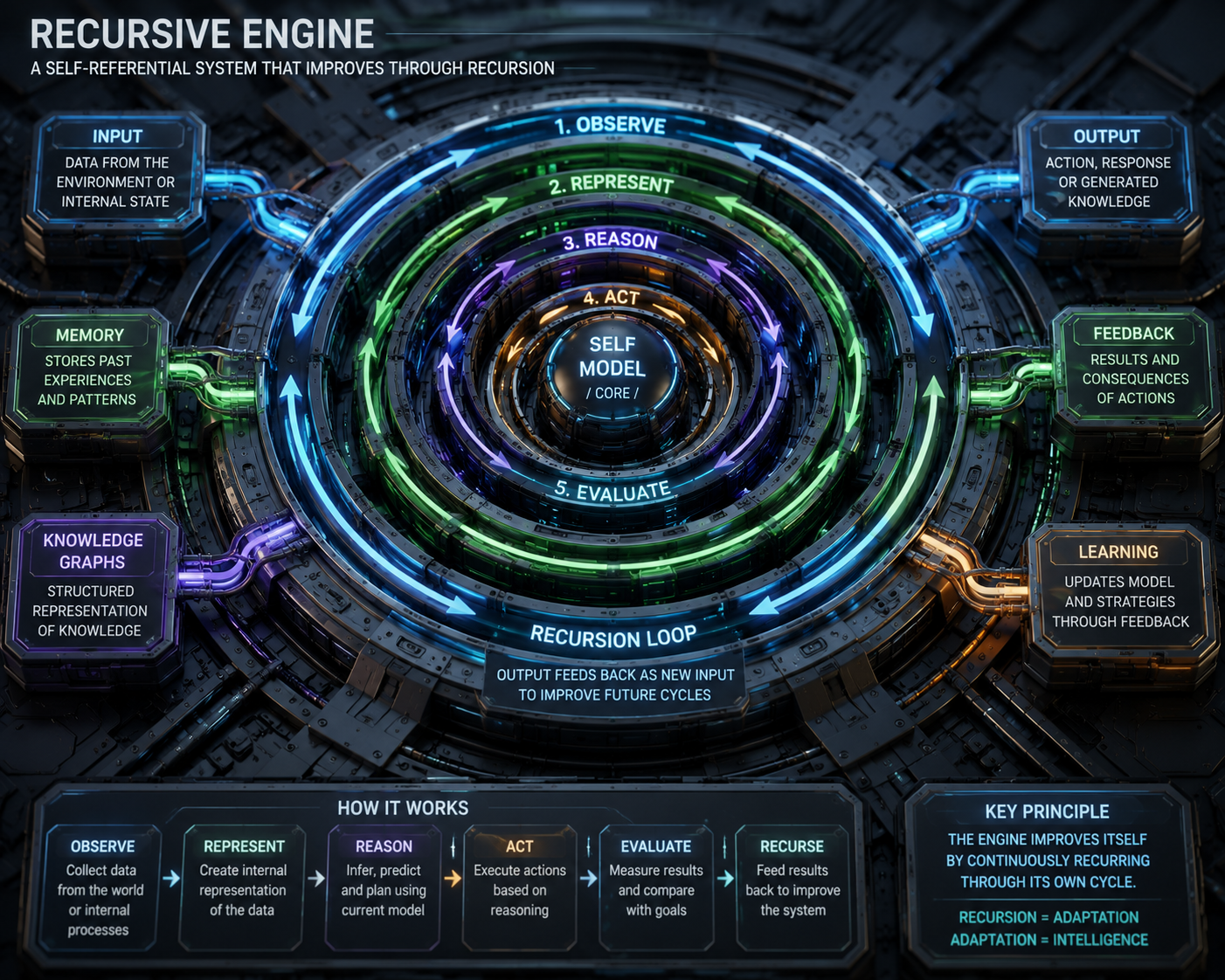 Abstract visualization of a recursive engine system showing self-feeding feedback loops